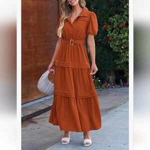 Orange Tiered Maxi Sundress with Puff Sleeves